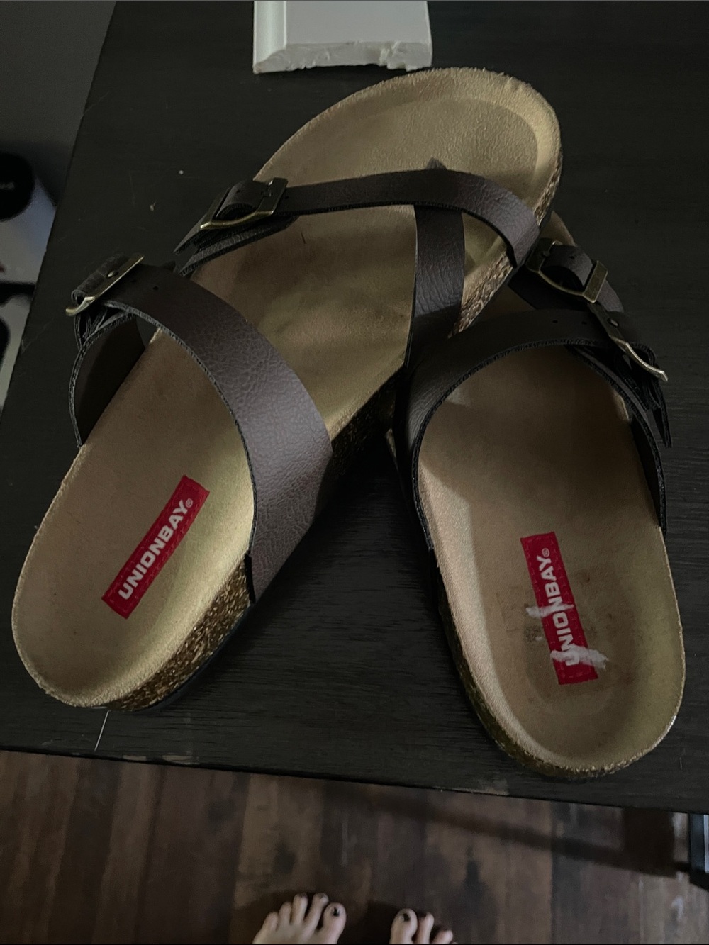 UNIONBAY Women's Dark Brown Double Buckle Slide Sandals size 6.5
